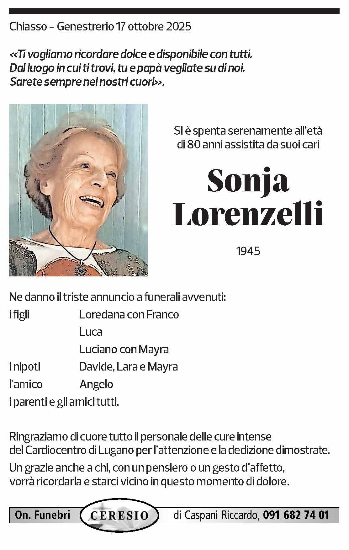 Annuncio funebre Sonja Lorenzetti