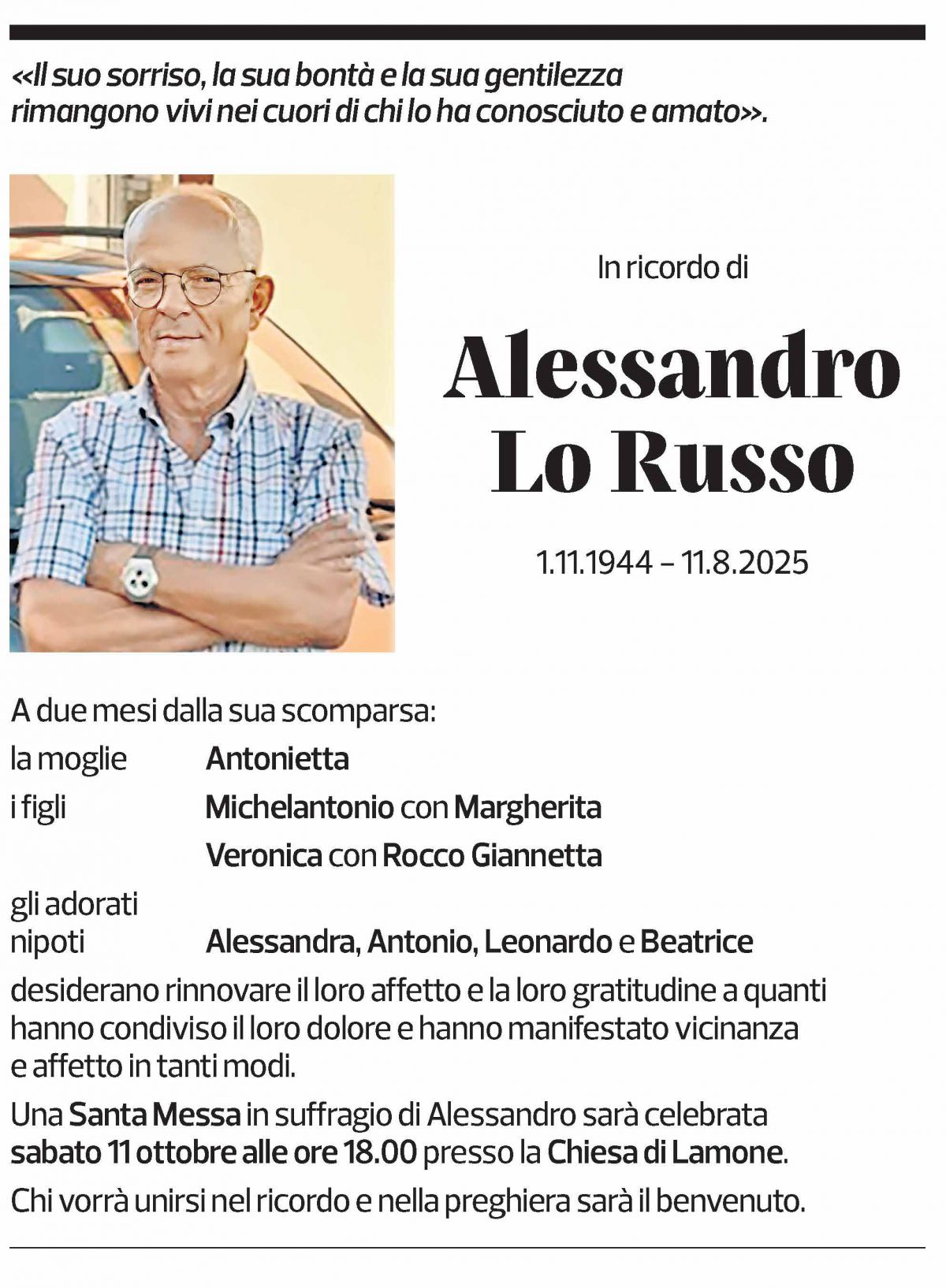 Annuncio funebre Alessandro Lo Russo