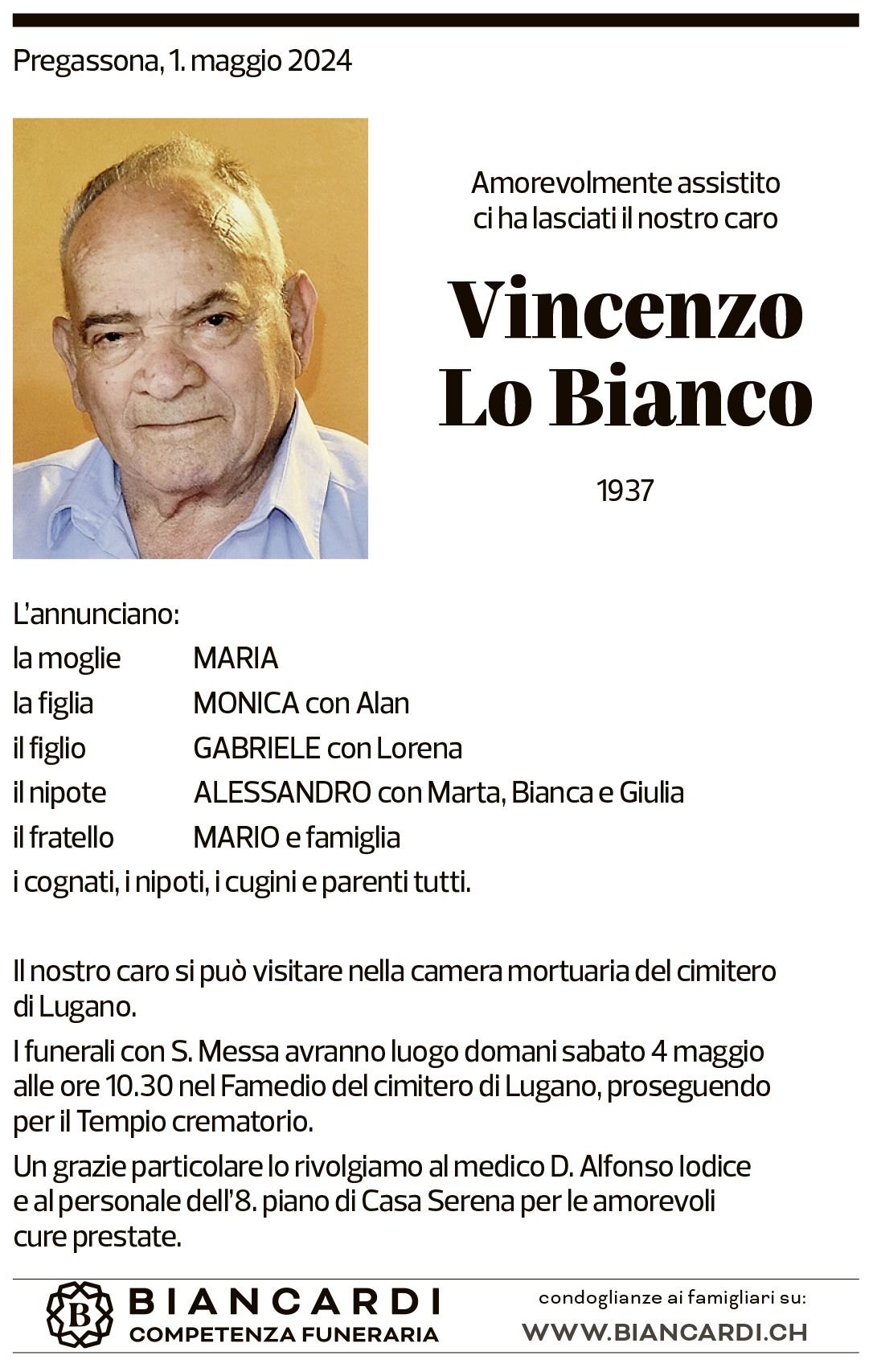 Annuncio funebre Vincenzo Lo Bianco