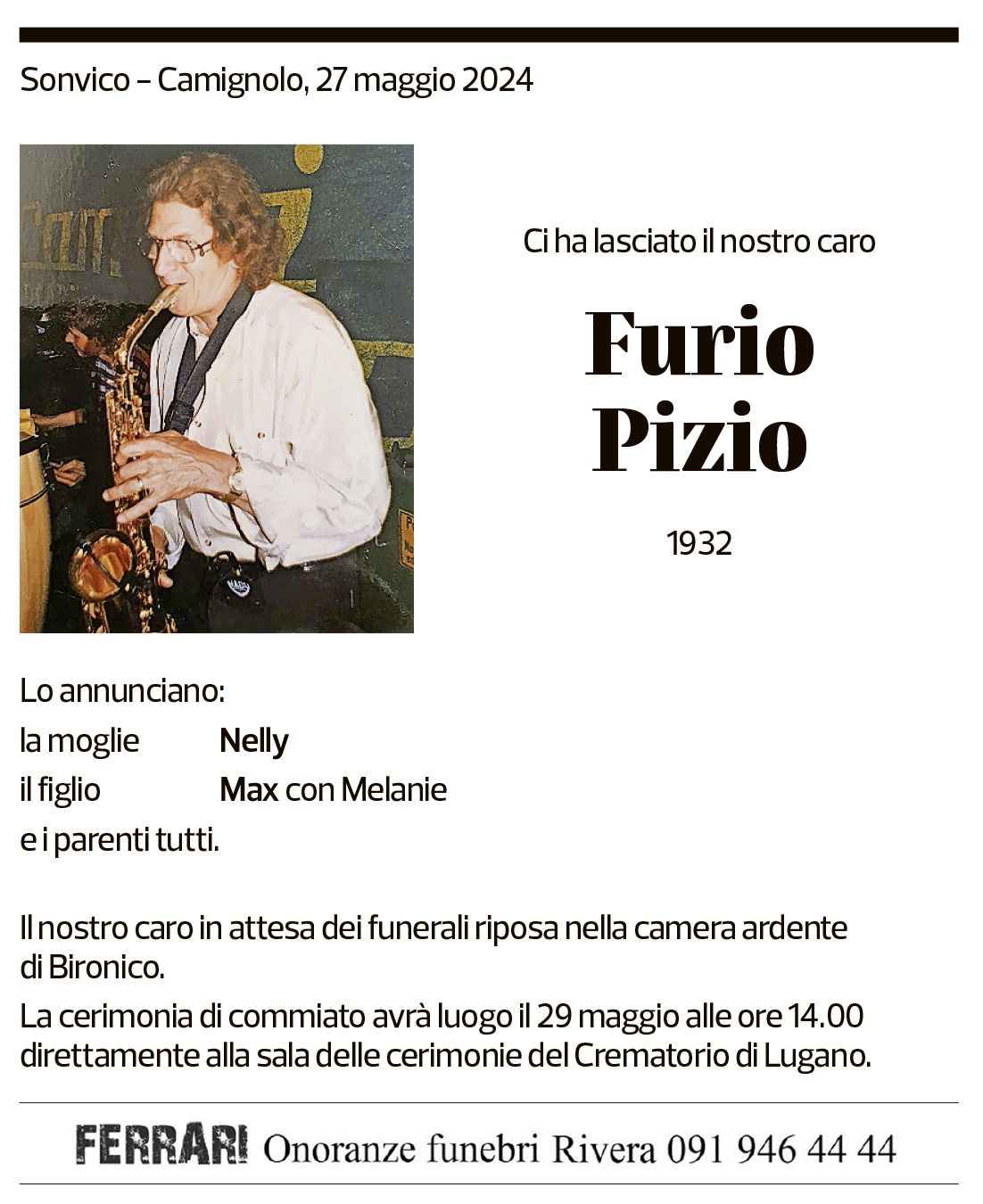 Annuncio funebre Furio Pizio