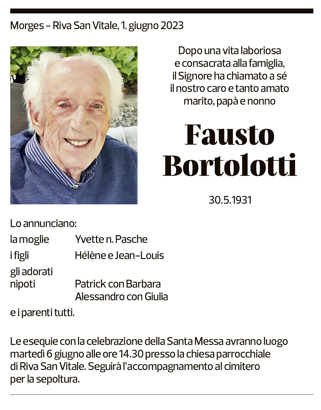 Annuncio funebre Fausto Bortolotti