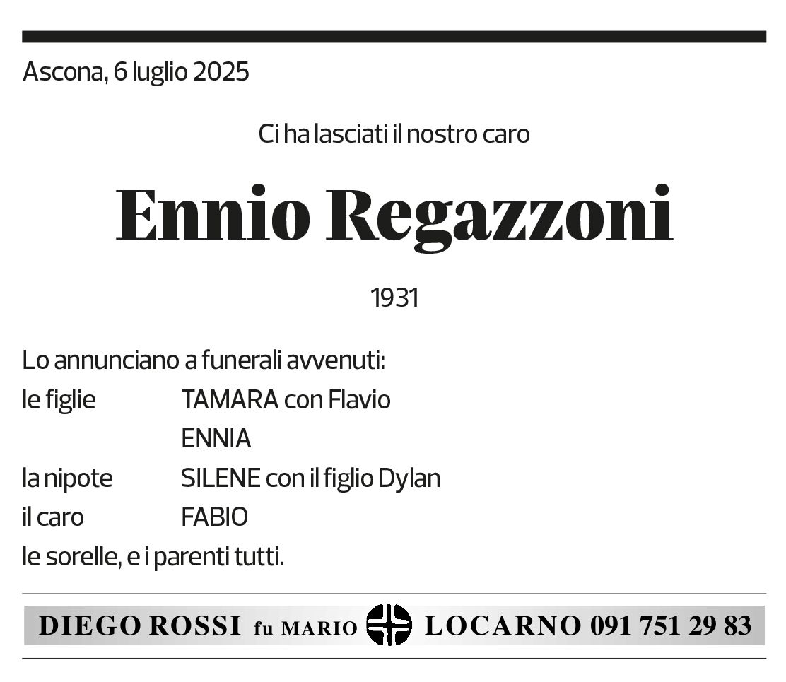 Annuncio funebre Ennio Regazzoni