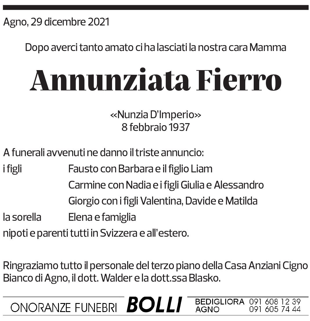 Annuncio funebre Annunziata Fierro