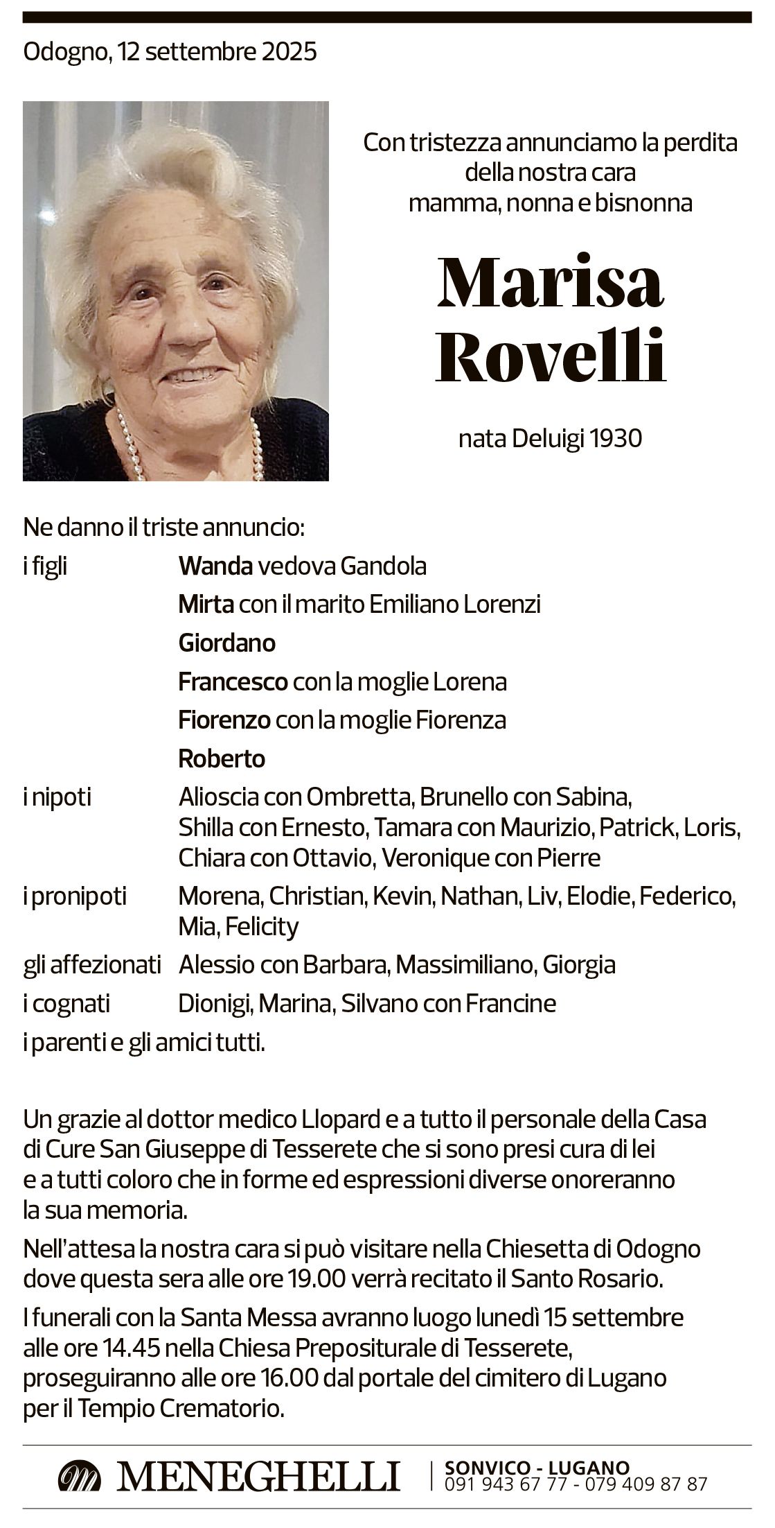 Annuncio funebre Marisa Rovelli