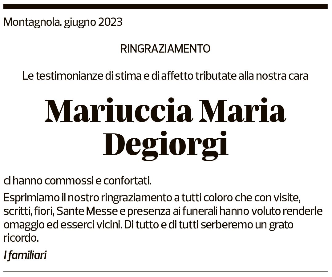 Annuncio funebre Mariuccia Maria Degiorgi