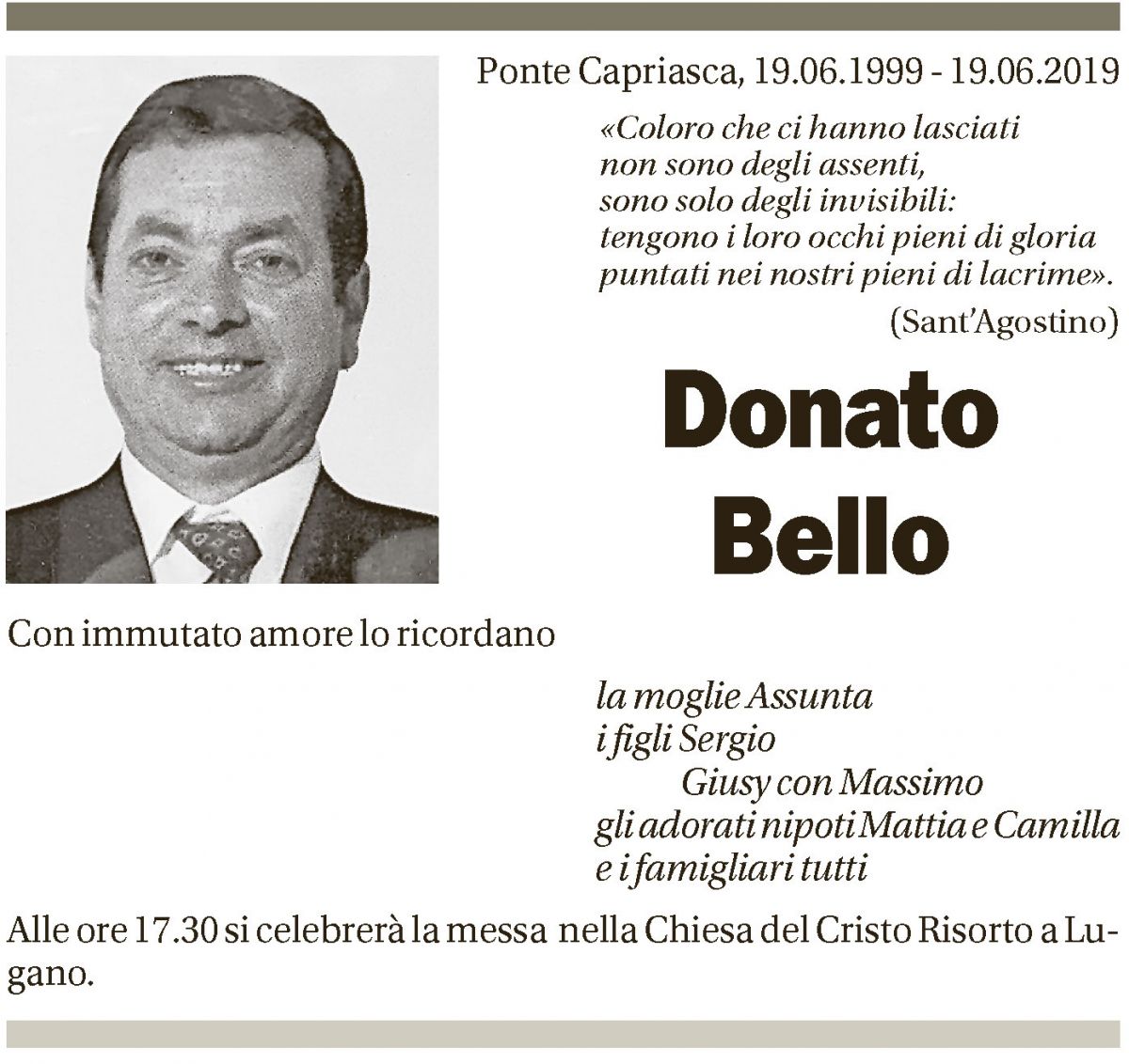 Annuncio funebre Donato Bello