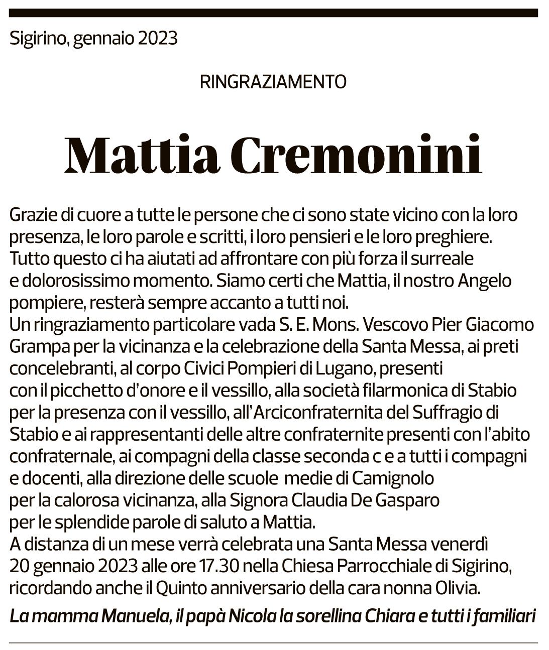 Annuncio funebre Mattia Cremonini