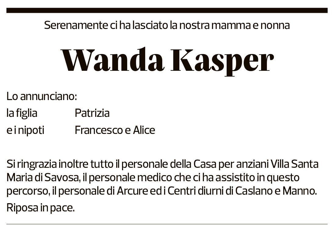 Annuncio funebre Wanda Kasper