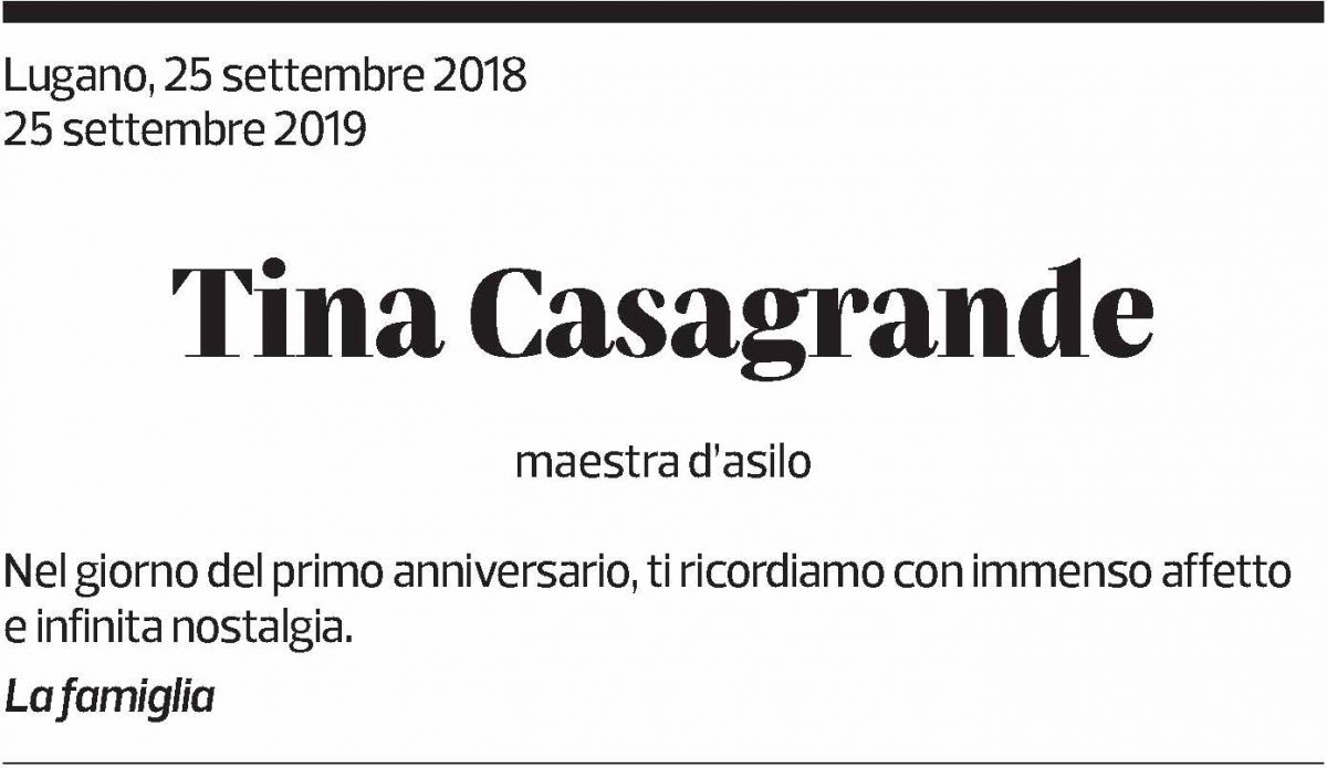 Annuncio funebre Tina Casagrande