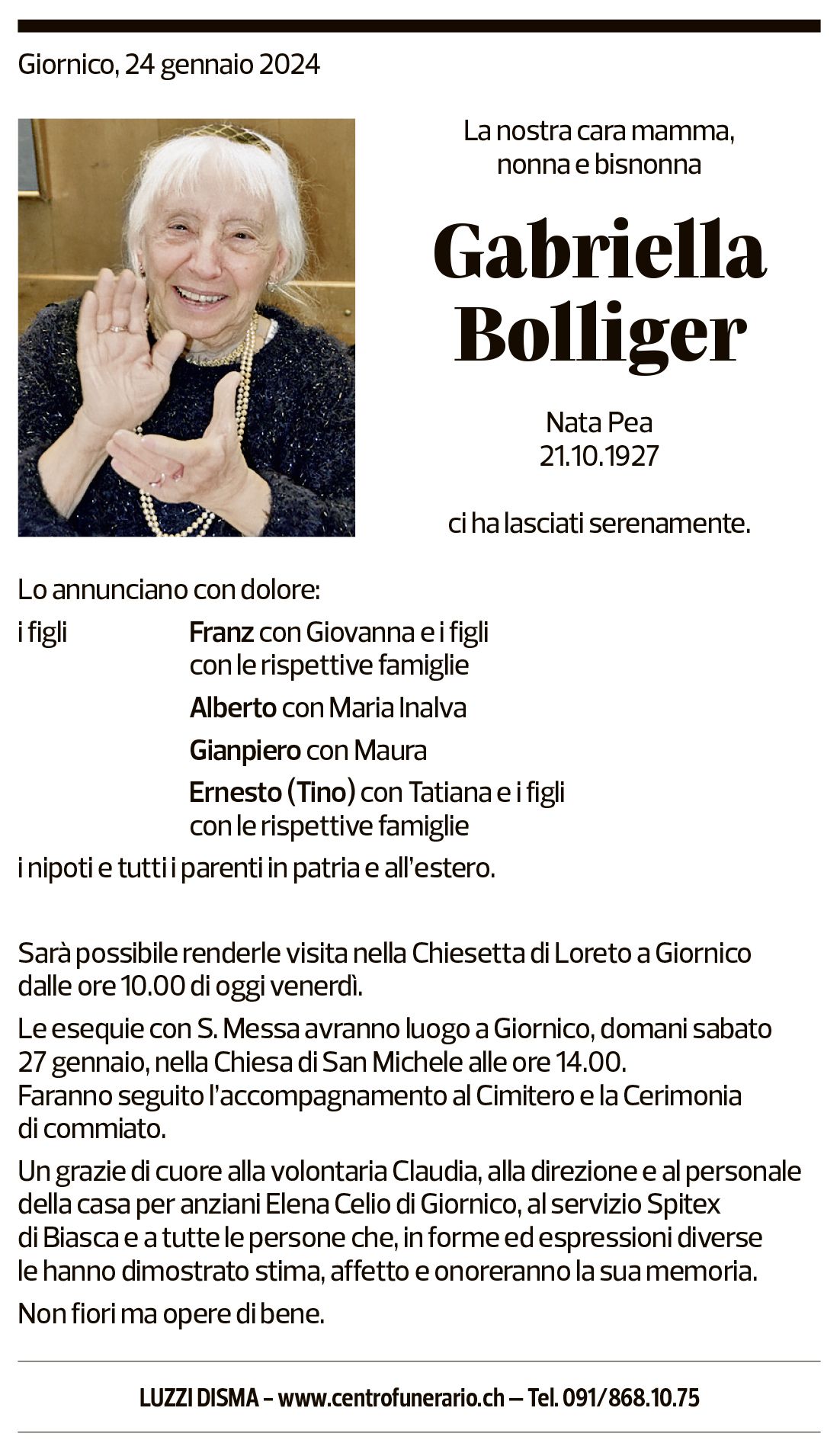 Annuncio funebre Gabriella Bolliger