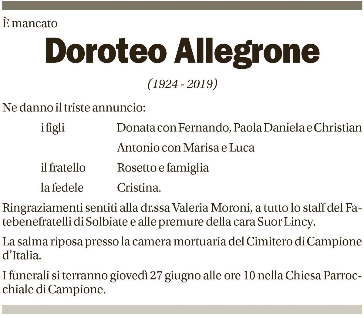 Annuncio funebre Doroteo Allegrone