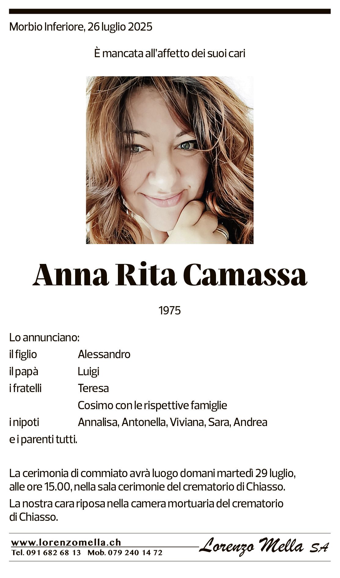 Annuncio funebre Anna Rita Camassa