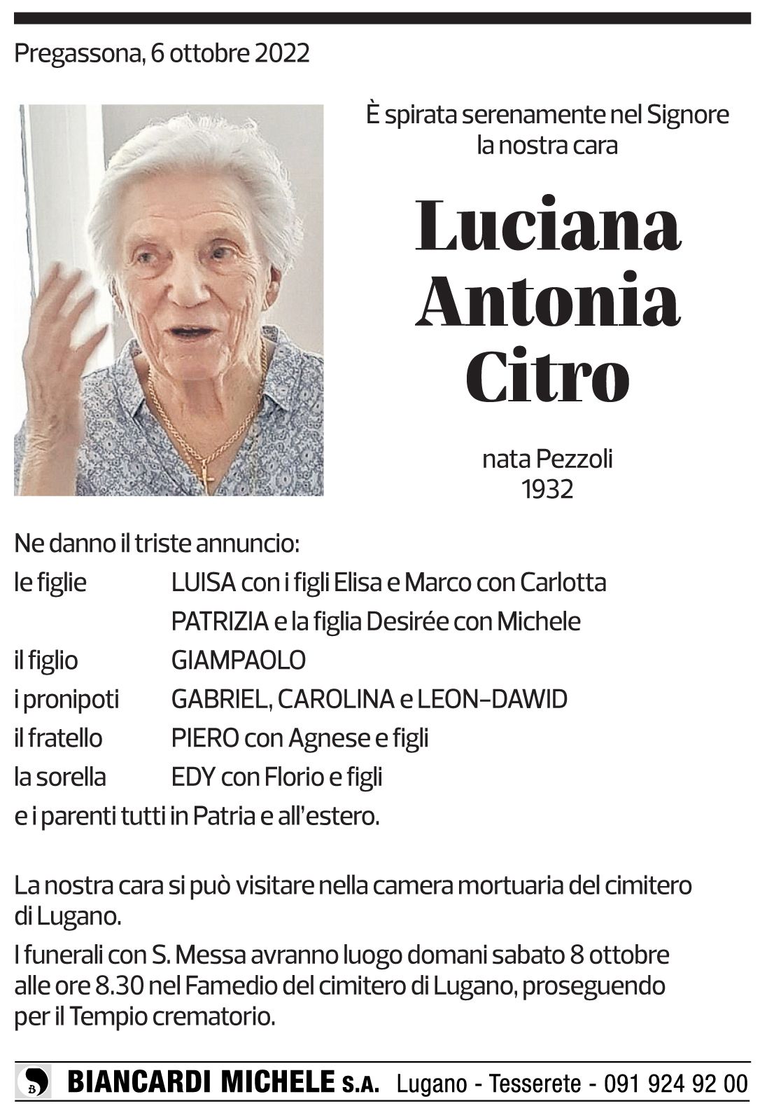 Annuncio funebre Luciana Antonia Citro