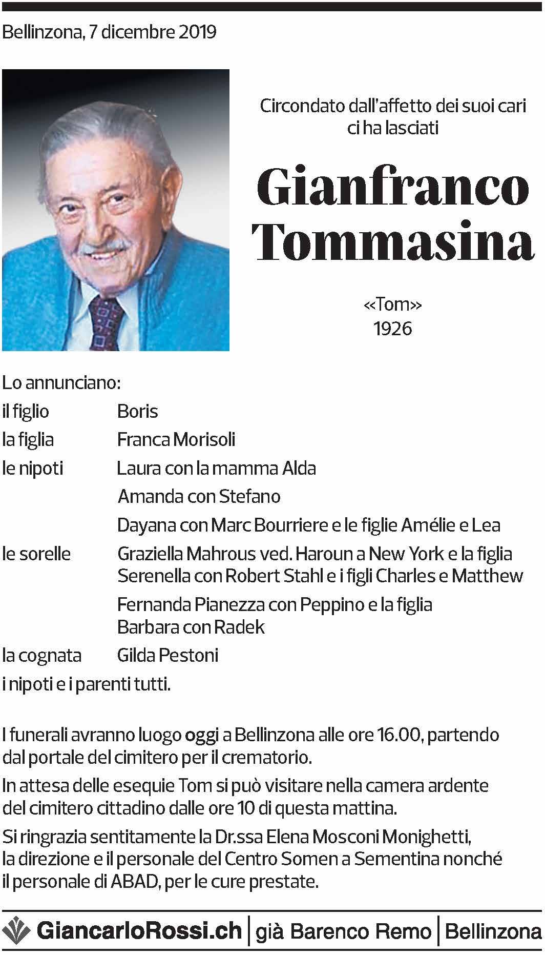 Annuncio funebre Gianfranco Tommasina