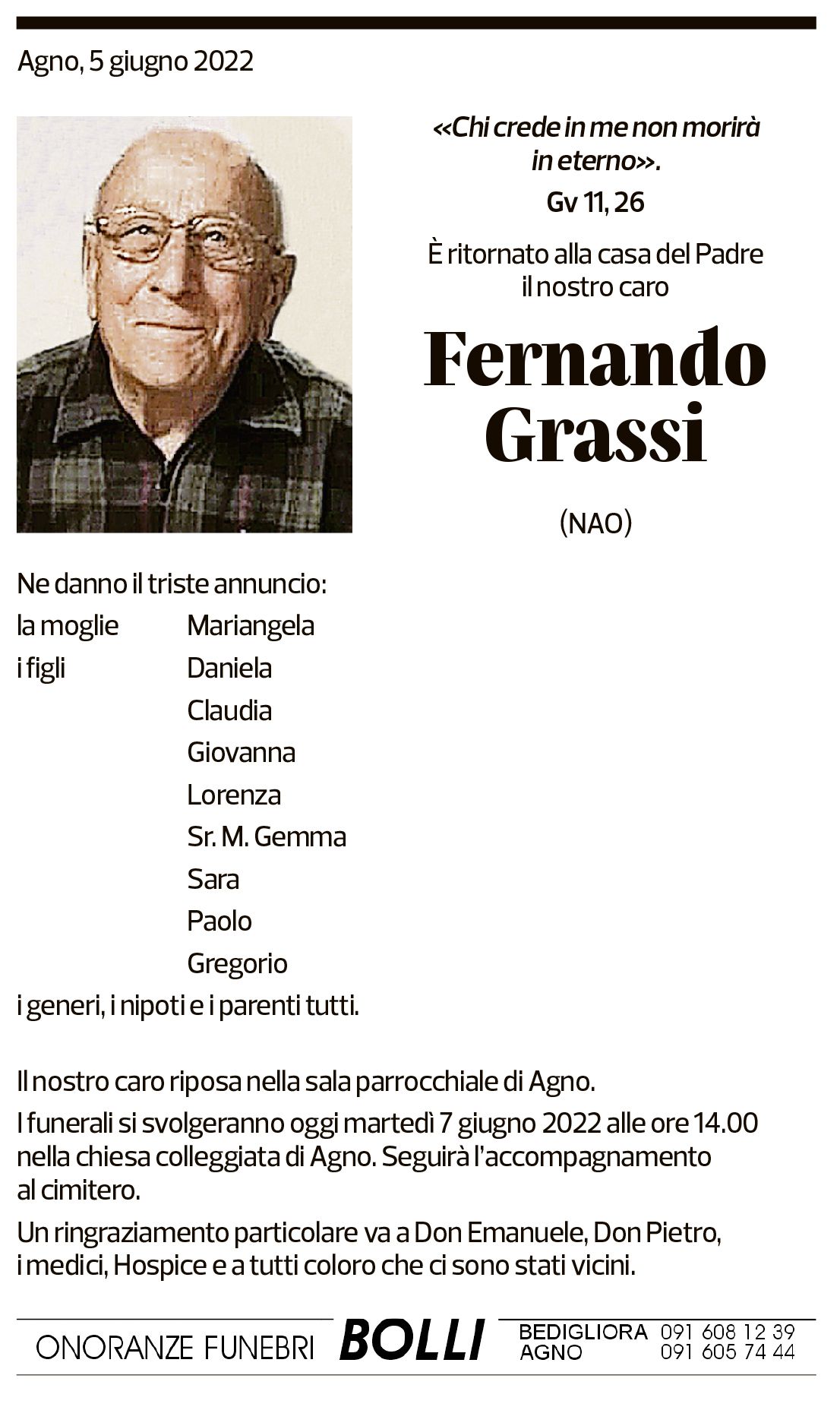 Annuncio funebre Fernando Grassi