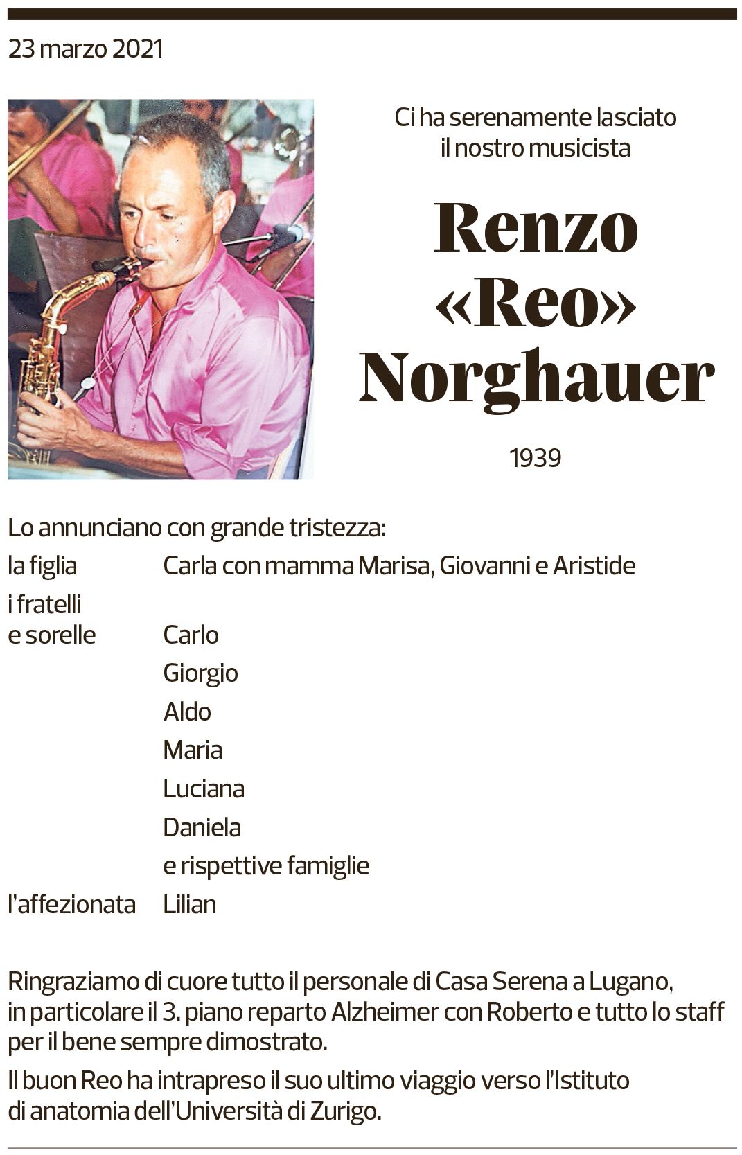 Annuncio funebre Renzo "reo" Norghauer