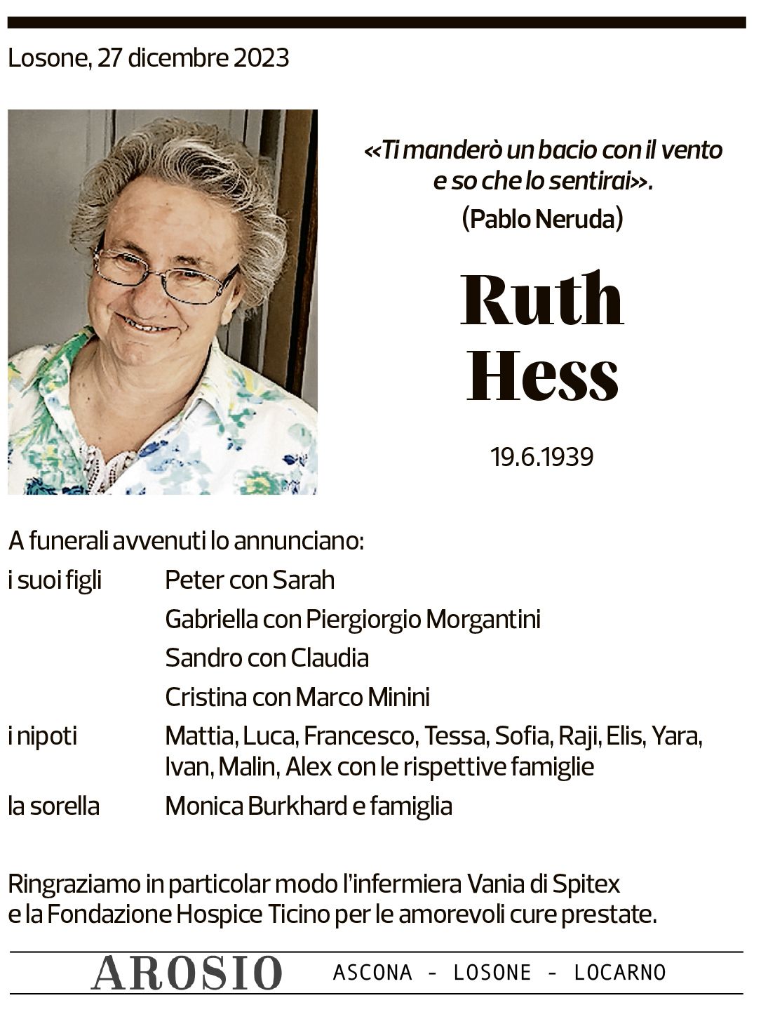 Annuncio funebre Ruth Hess