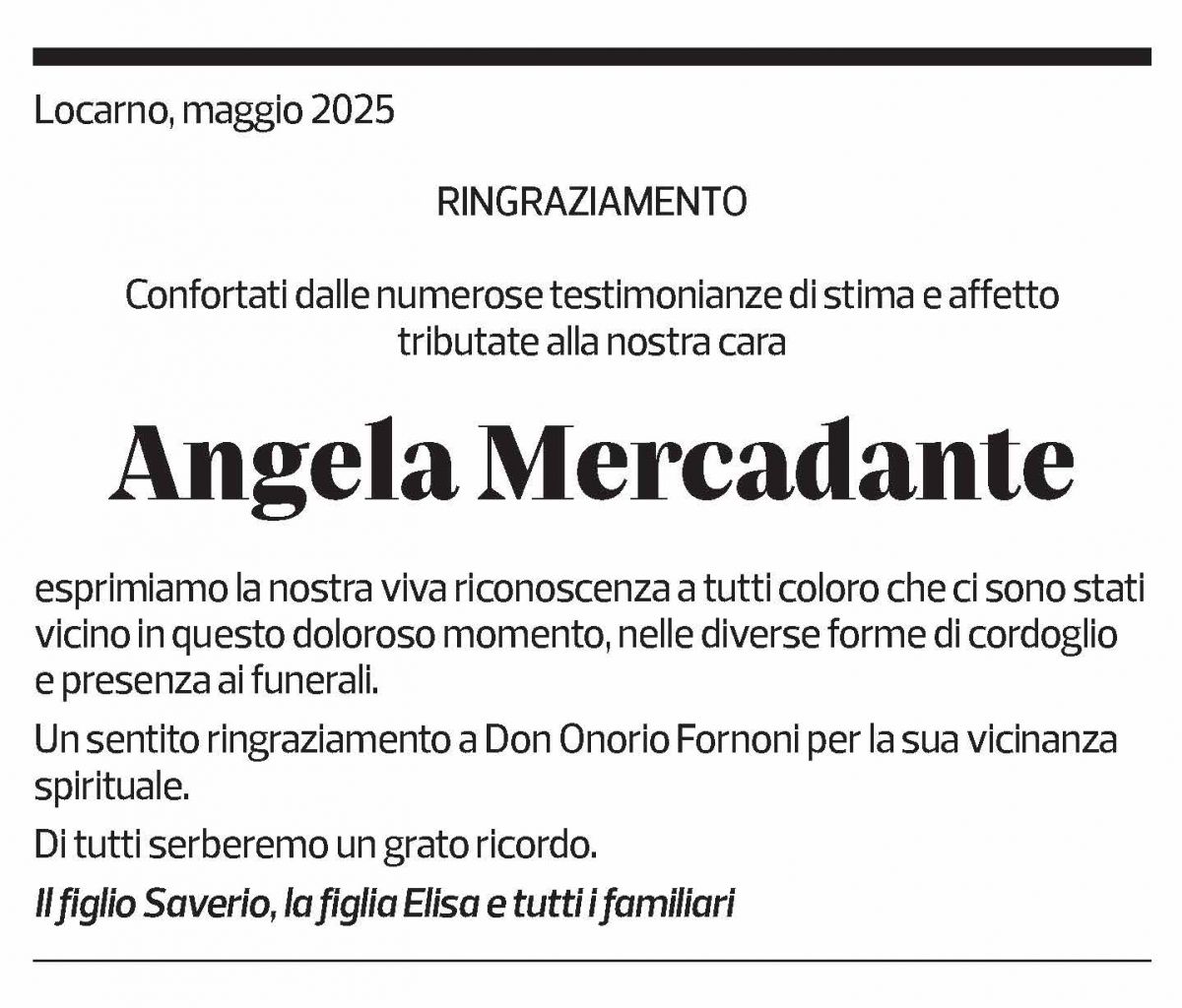 Annuncio funebre Angela Mercadante