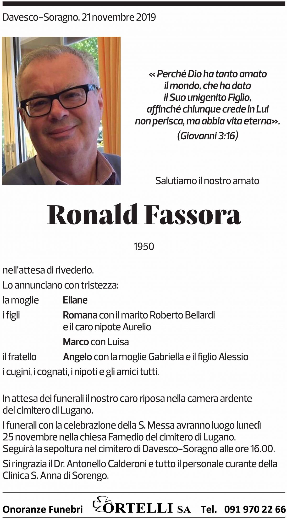 Annuncio funebre Ronald Fassora