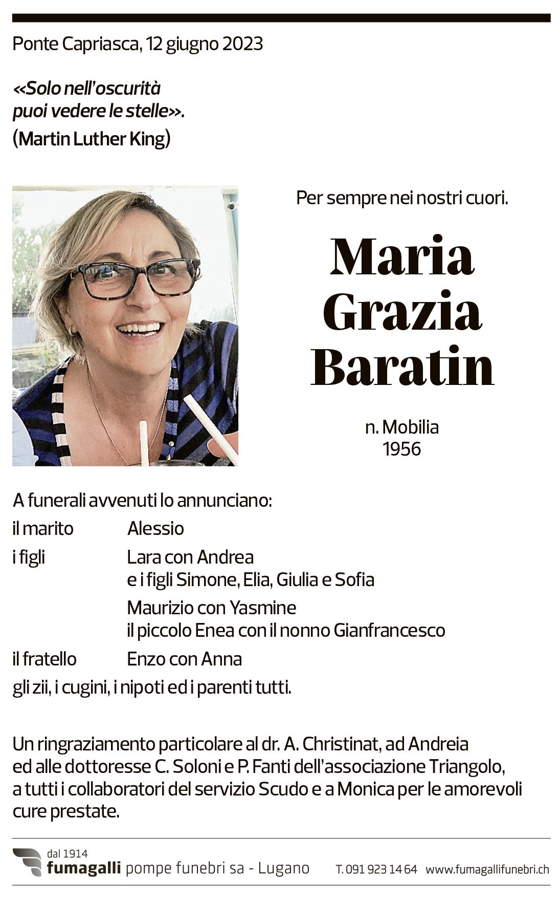 Annuncio funebre Maria Grazia Baratin