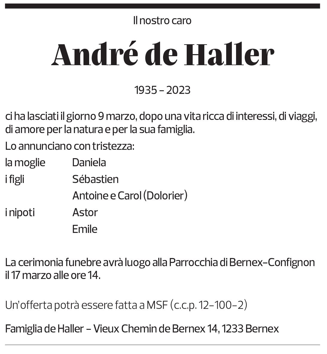 Annuncio funebre André De Haller