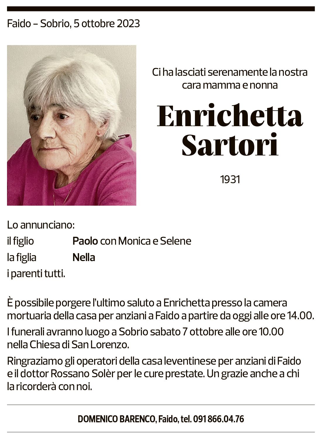 Annuncio funebre Enrichetta Sartori