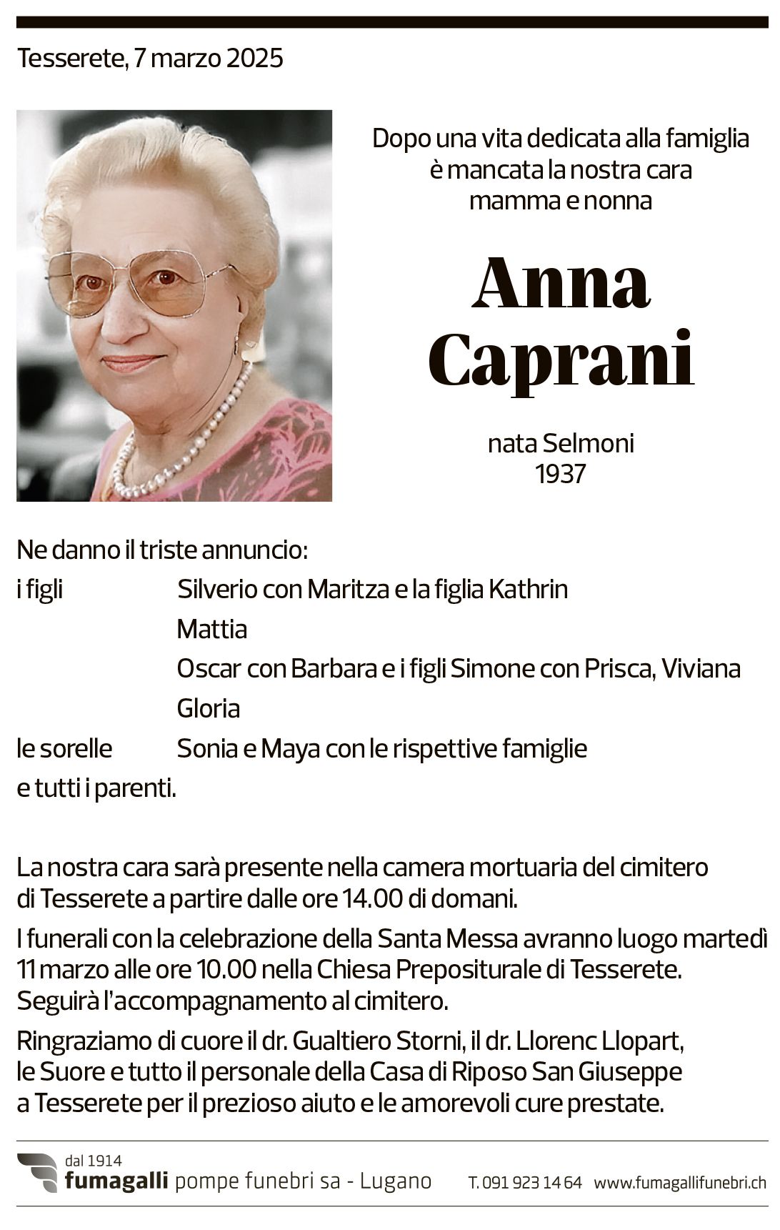 Annuncio funebre Anna Caprani