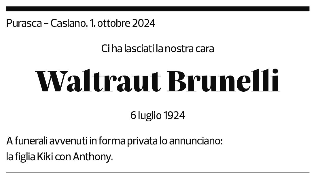 Annuncio funebre Waltraut Brunelli