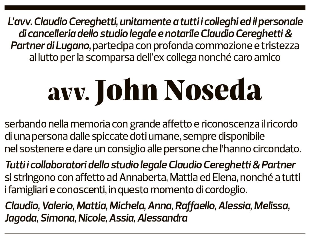 Annuncio funebre John Noseda