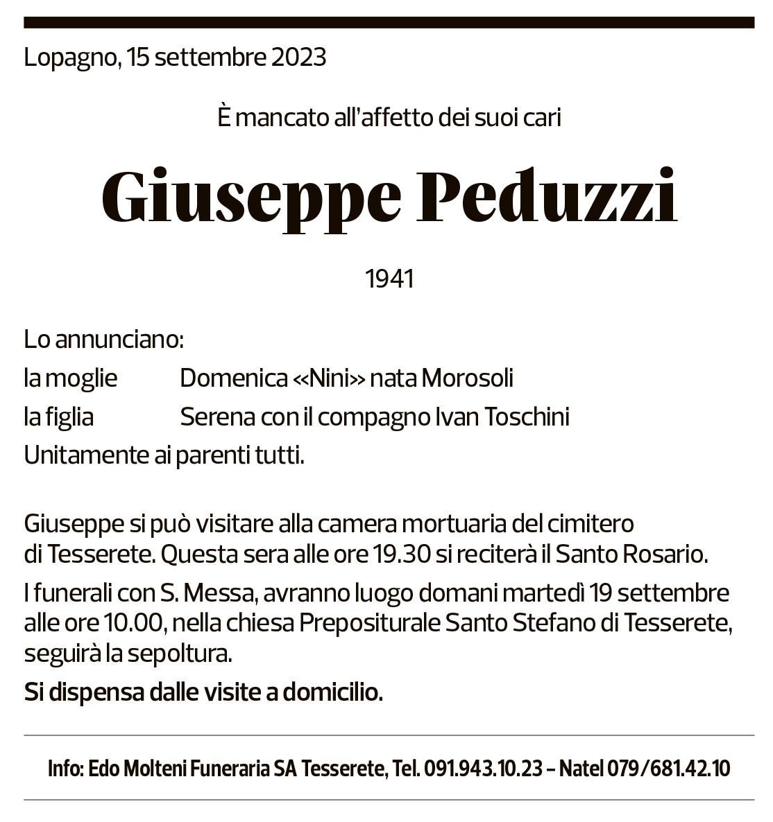 Annuncio funebre Giuseppe Peduzzi