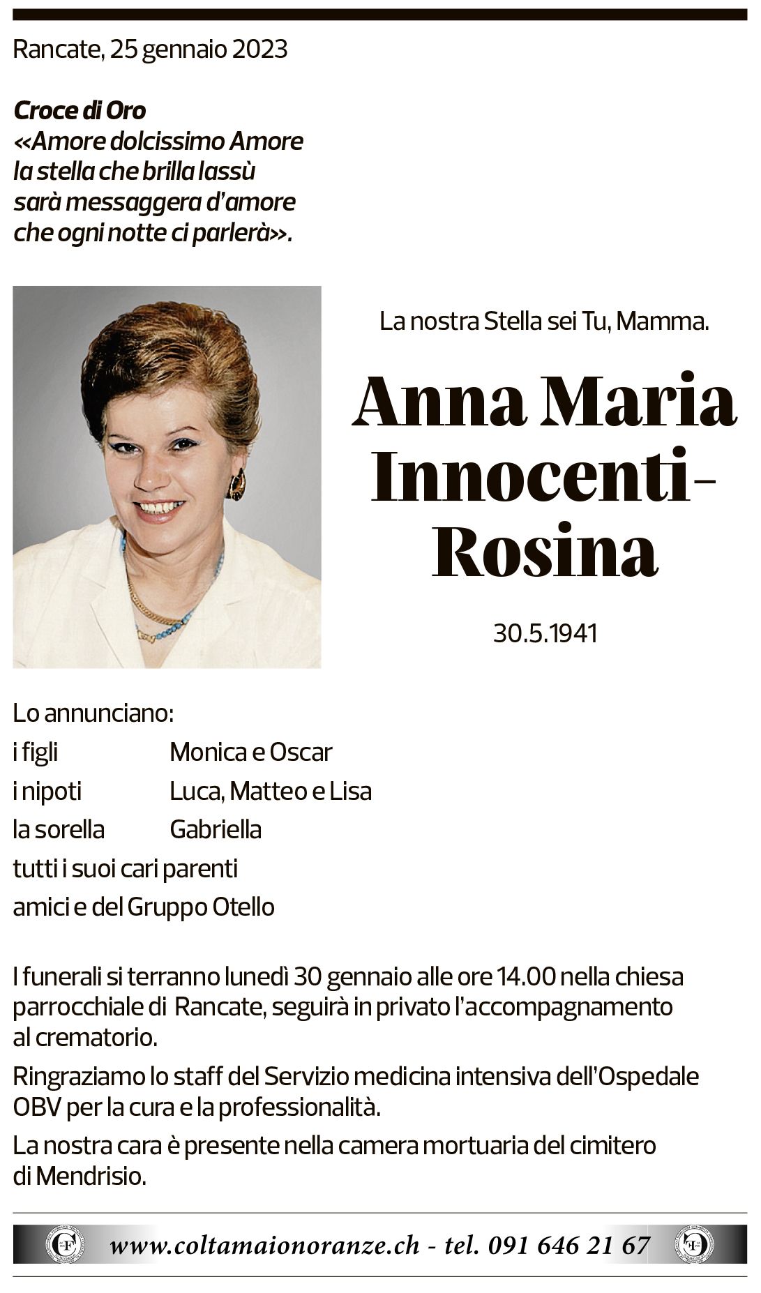 Annuncio funebre Anna Maria Innocenti-rosina