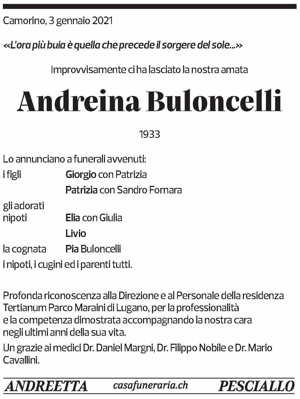 Annuncio funebre Andreina Buloncelli