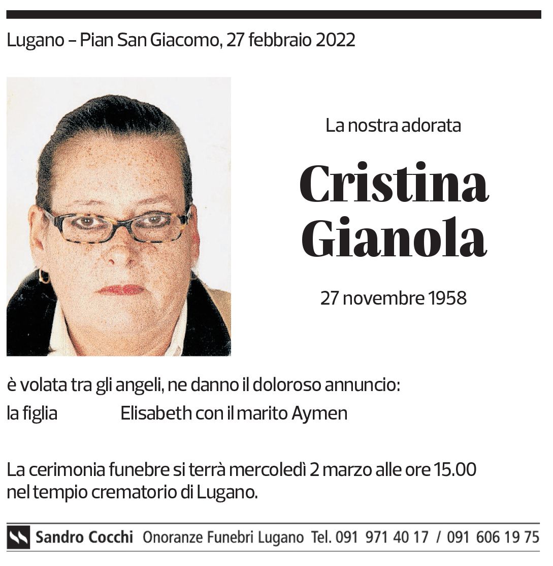 Annuncio funebre Cristina Gianola