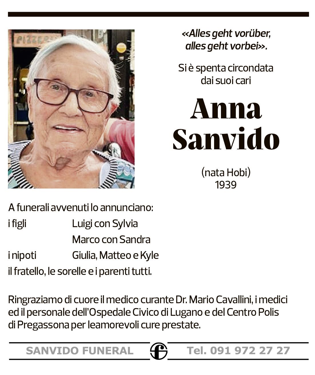 Annuncio funebre Anna Sanvido