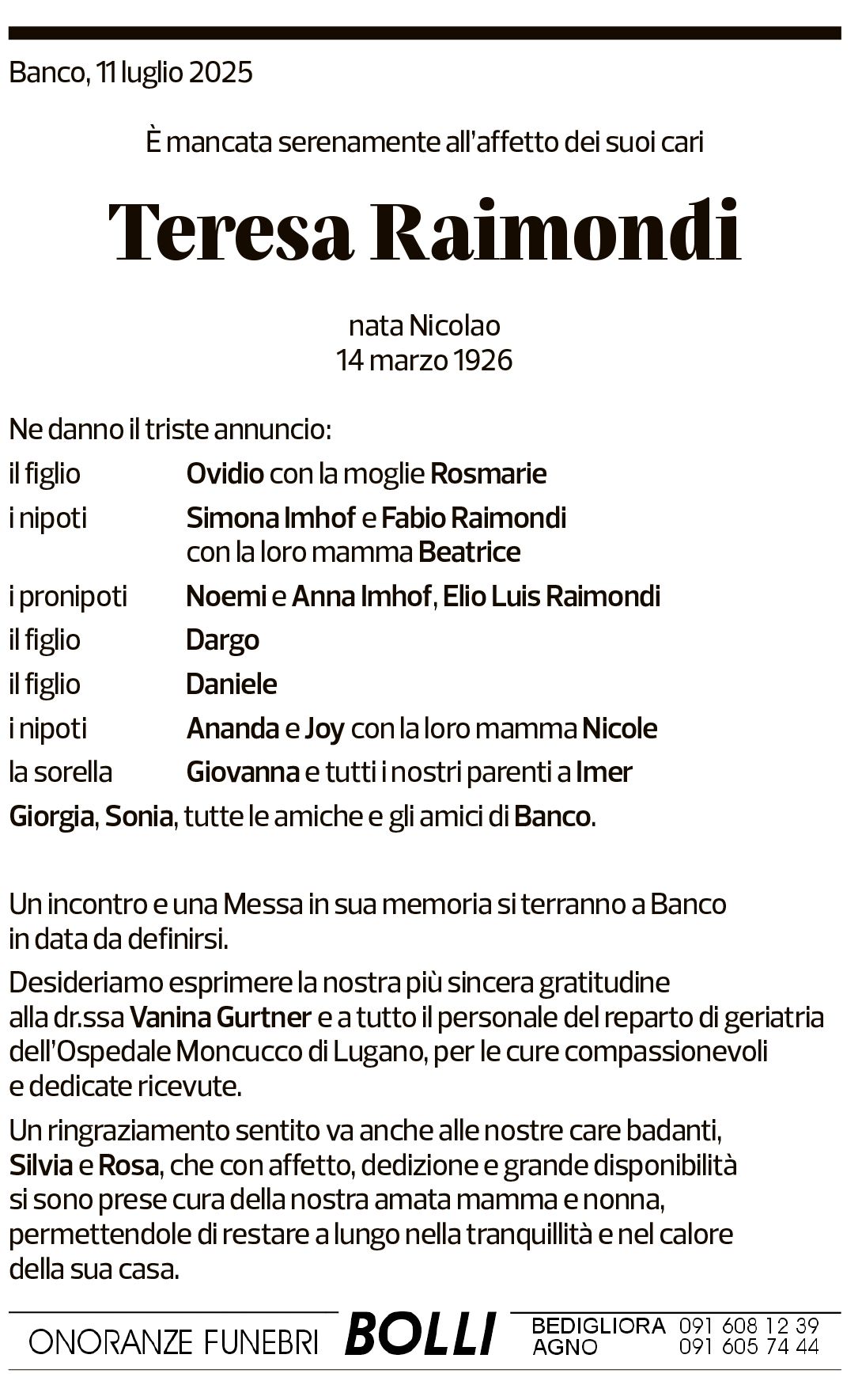 Annuncio funebre Teresa Raimondi