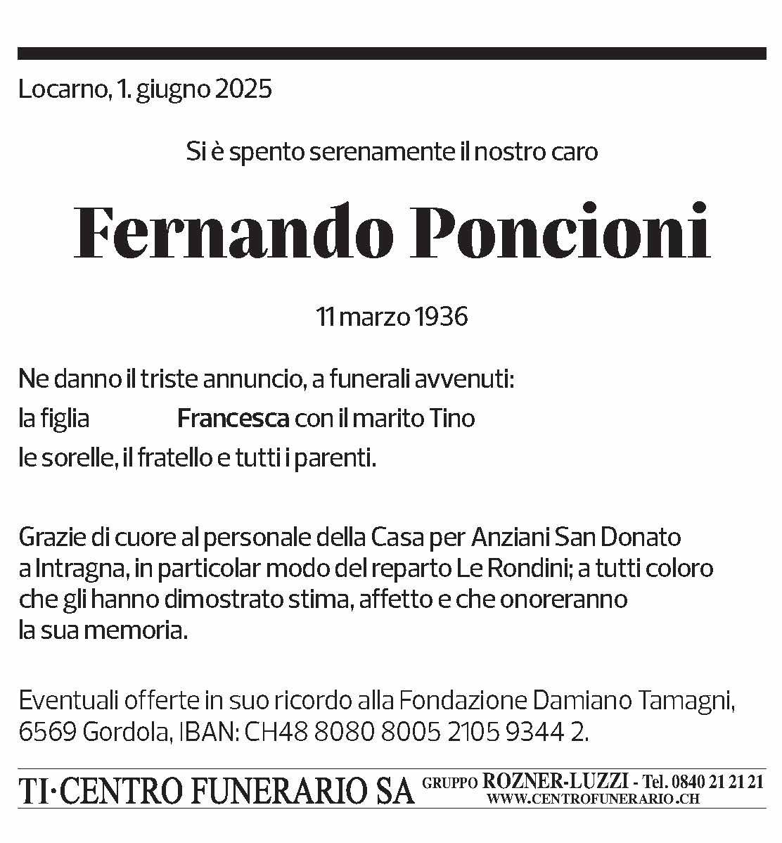 Annuncio funebre Fernando Poncioni