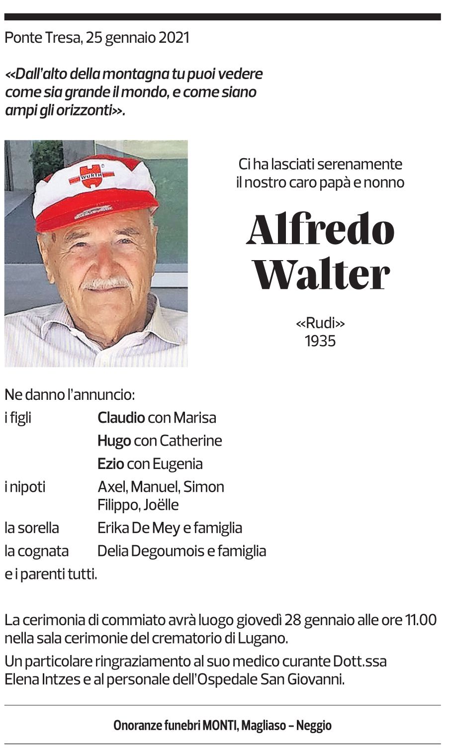 Annuncio funebre Alfredo Walter