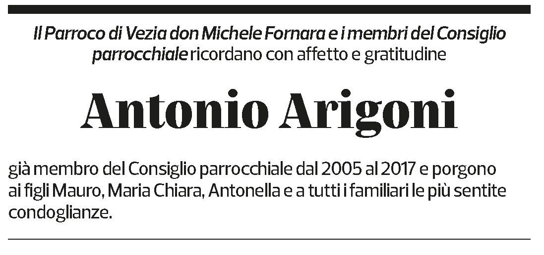 Annuncio funebre Antonio Arigoni