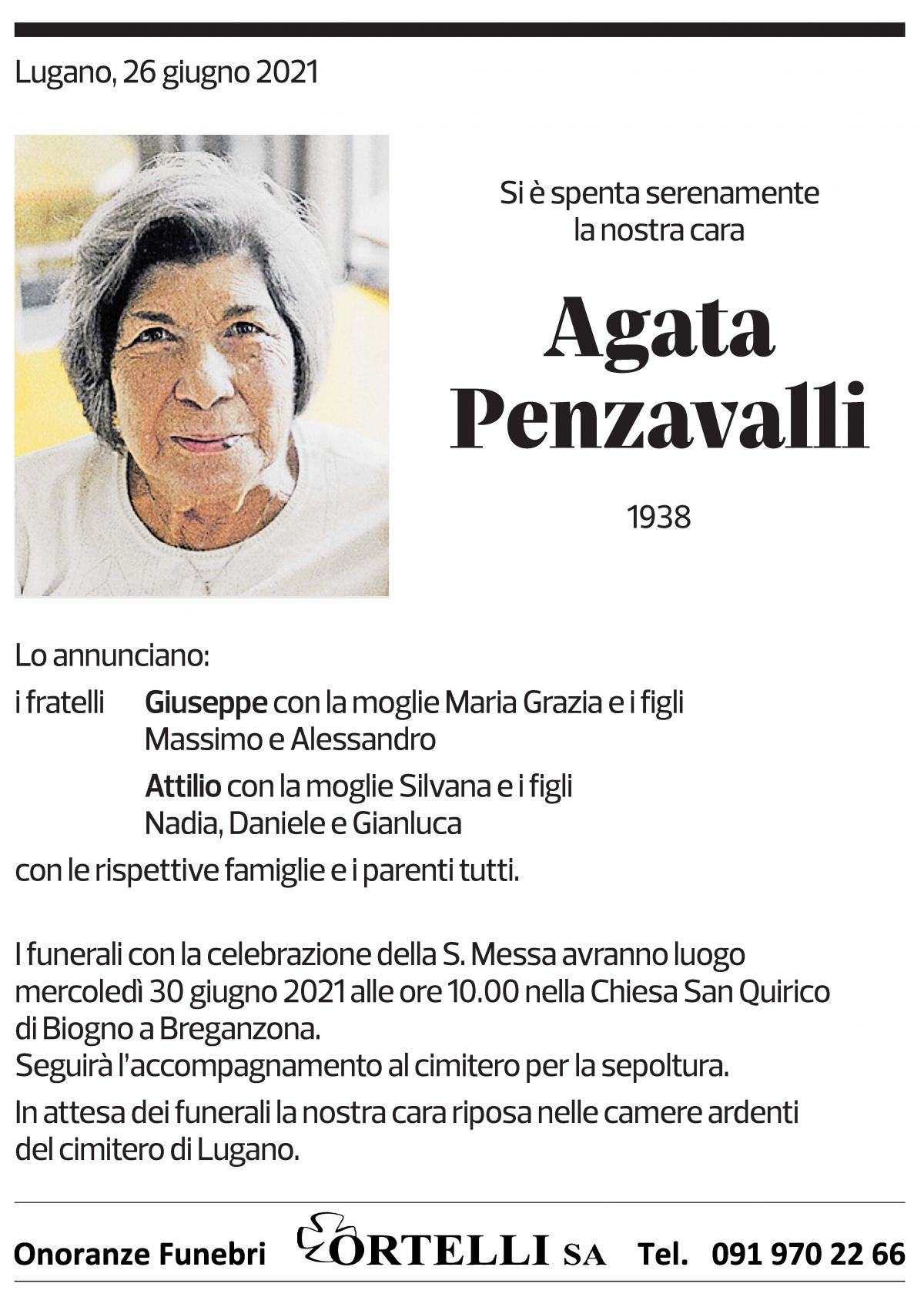 Annuncio funebre Angela Pensavalli