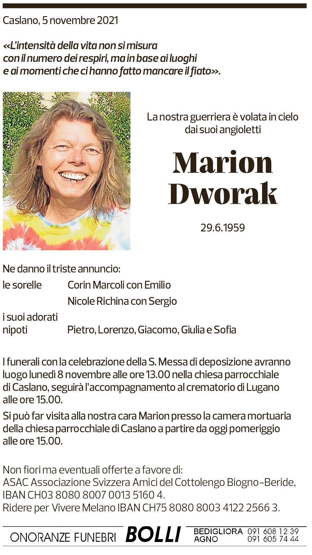 Annuncio funebre Marion Dworak