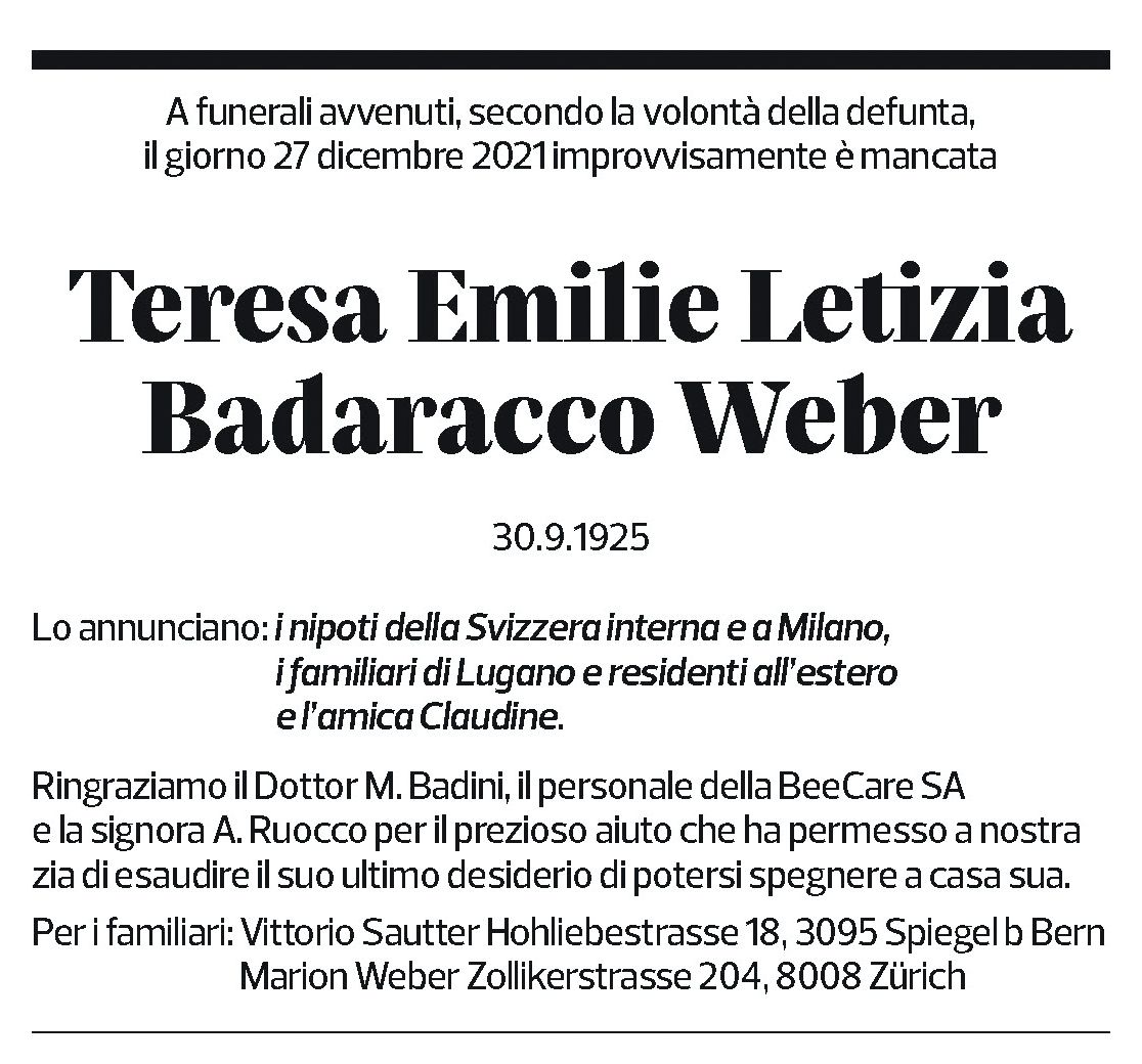 Annuncio funebre Teresa Emilie Letizia Badaracco Weber