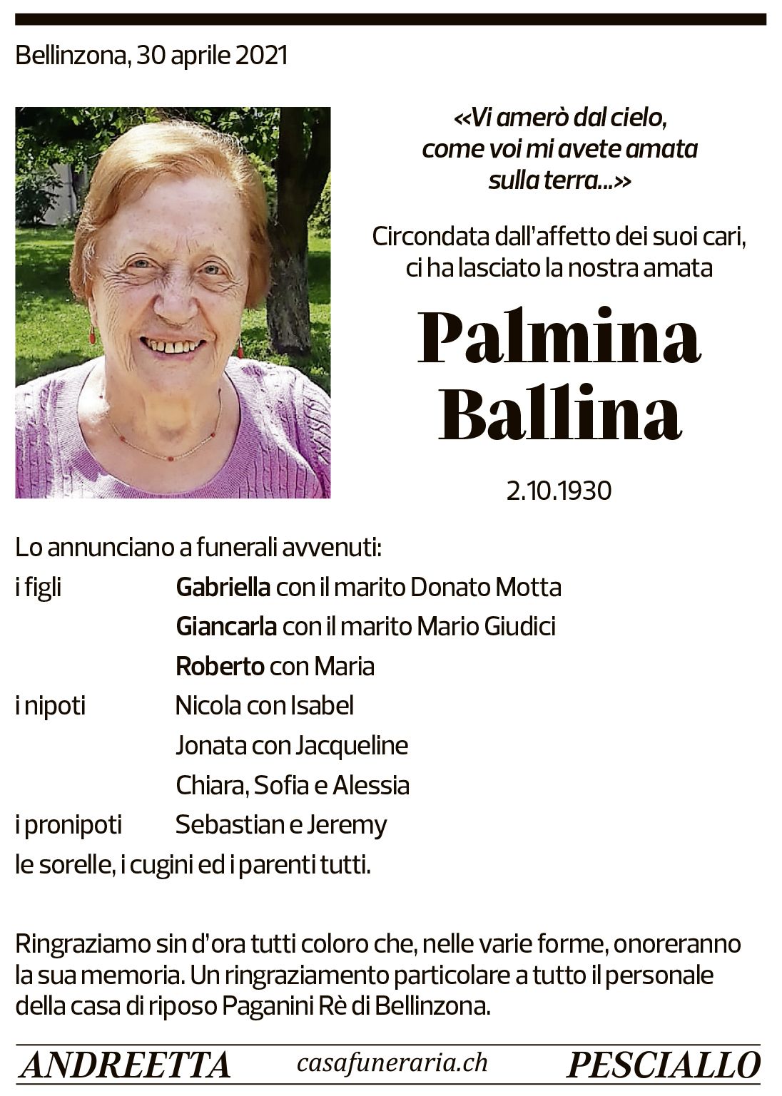 Annuncio funebre Palmina Ballina