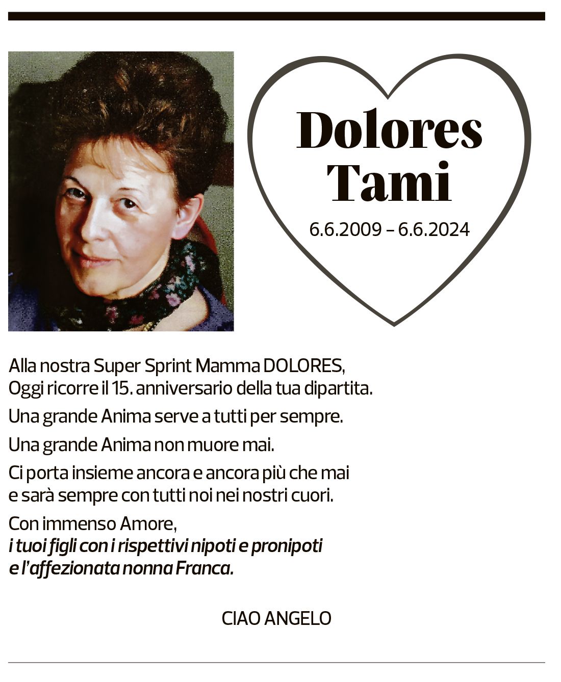 Annuncio funebre Dolores Tami