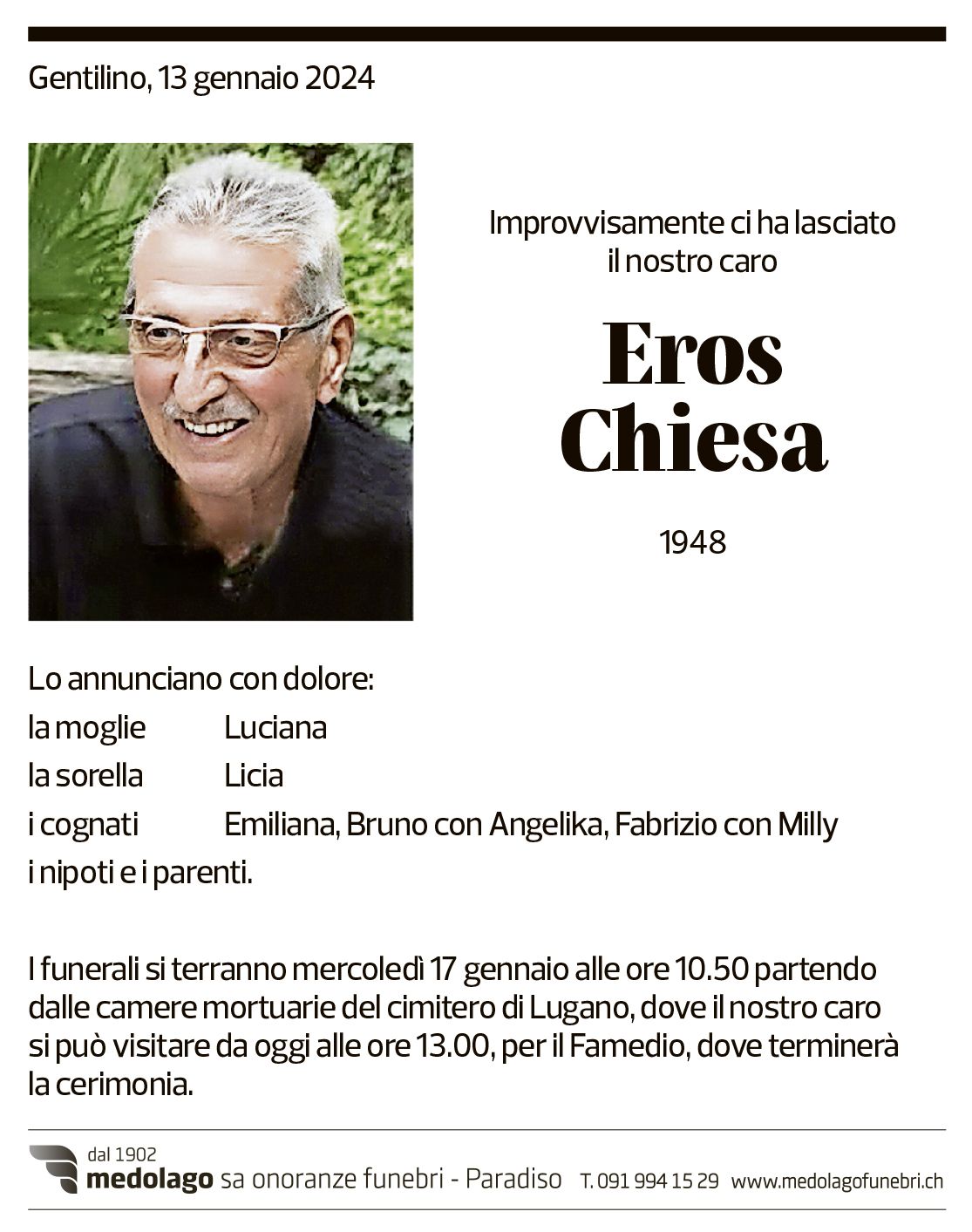 Annuncio funebre Eros Chiesa