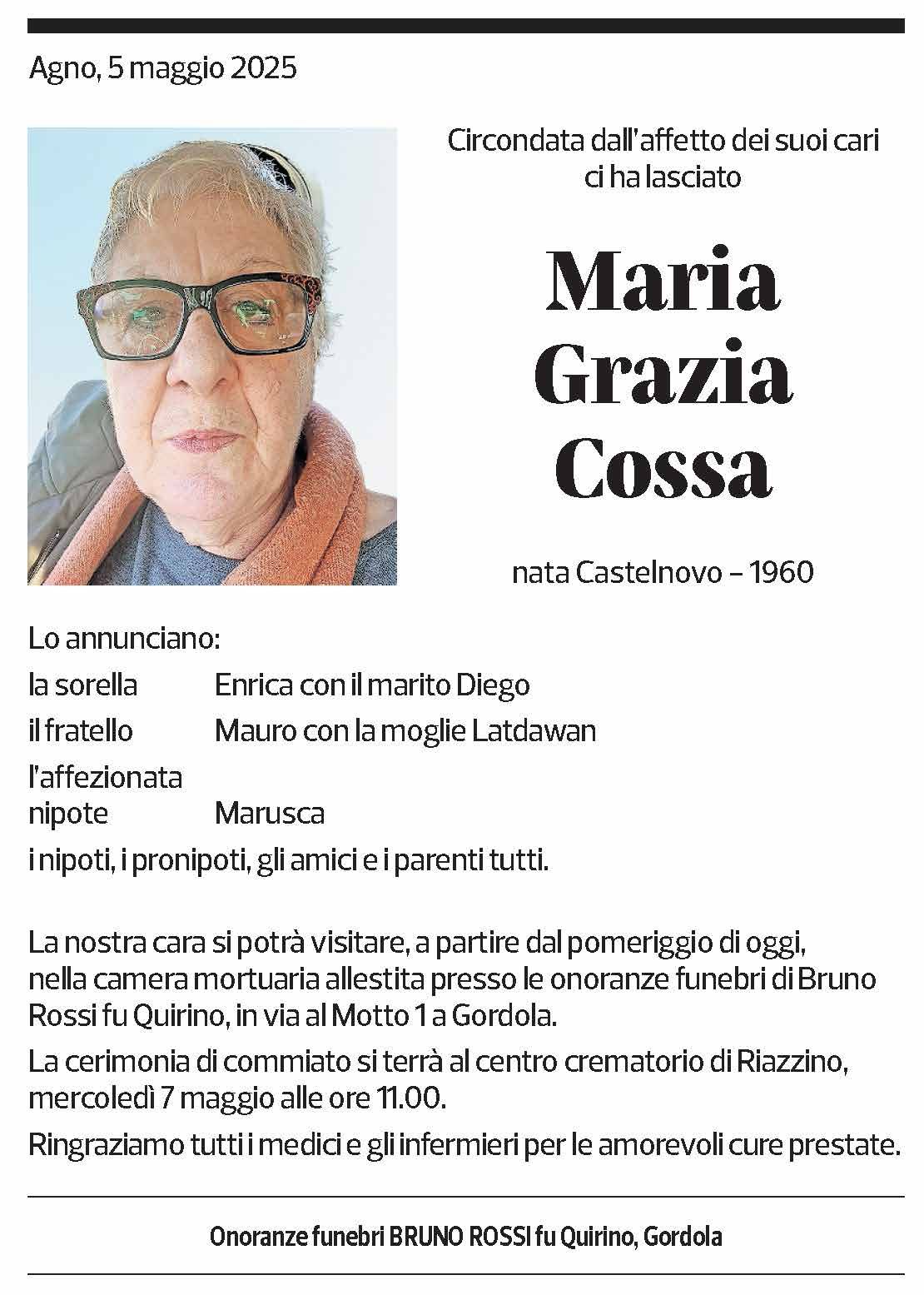 Annuncio funebre Maria Grazia Cossa