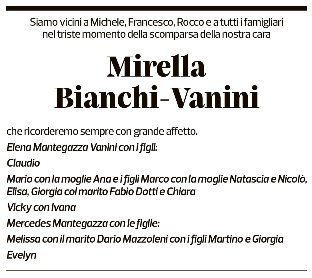 Annuncio funebre Mirella Bianchi-vanini