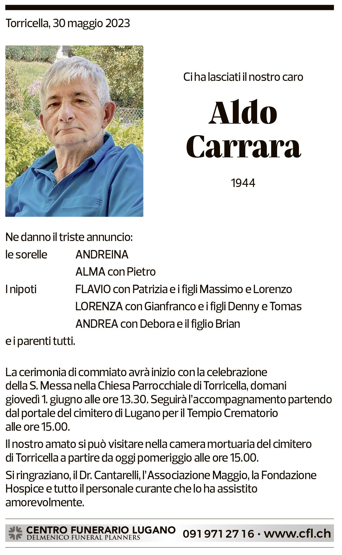 Annuncio funebre Aldo Carrara