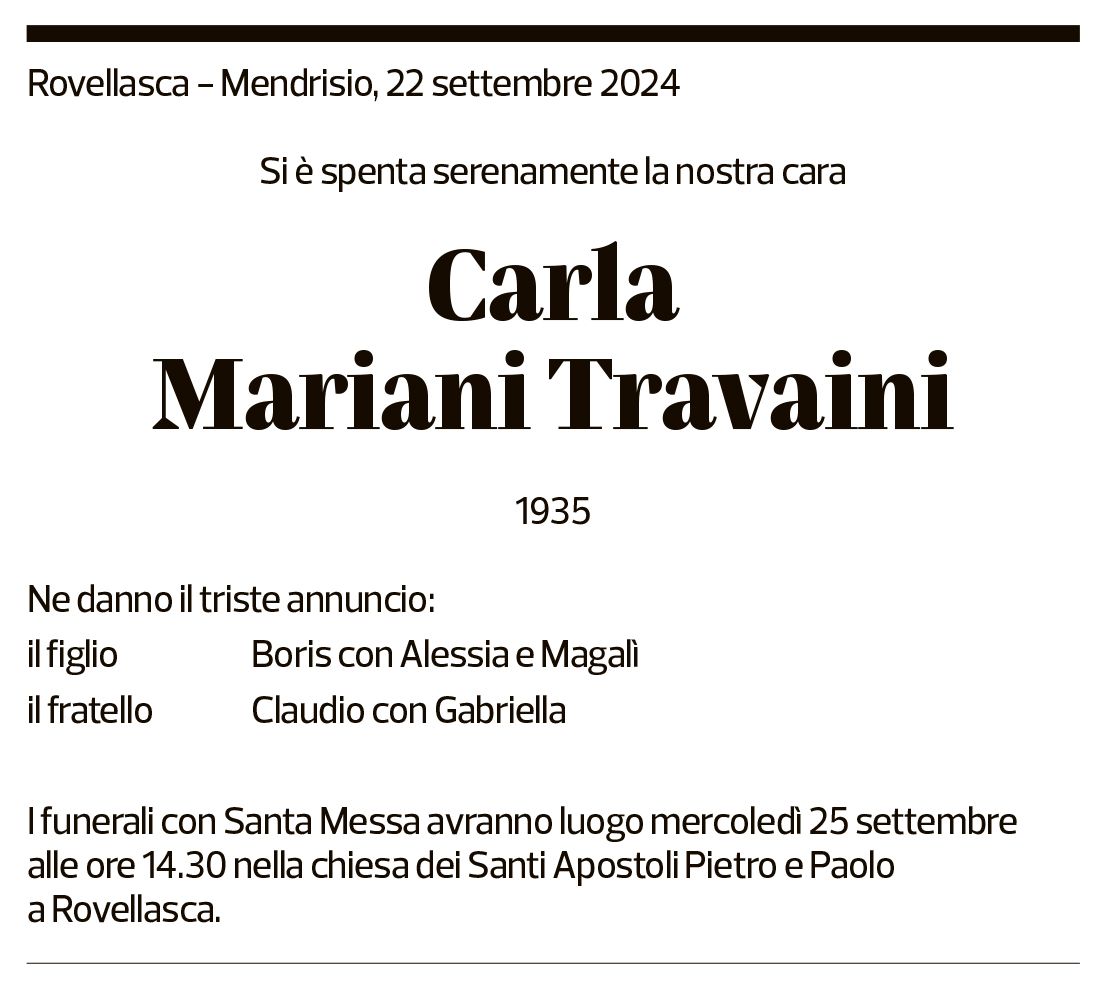 Annuncio funebre Carla Mariani Travaini