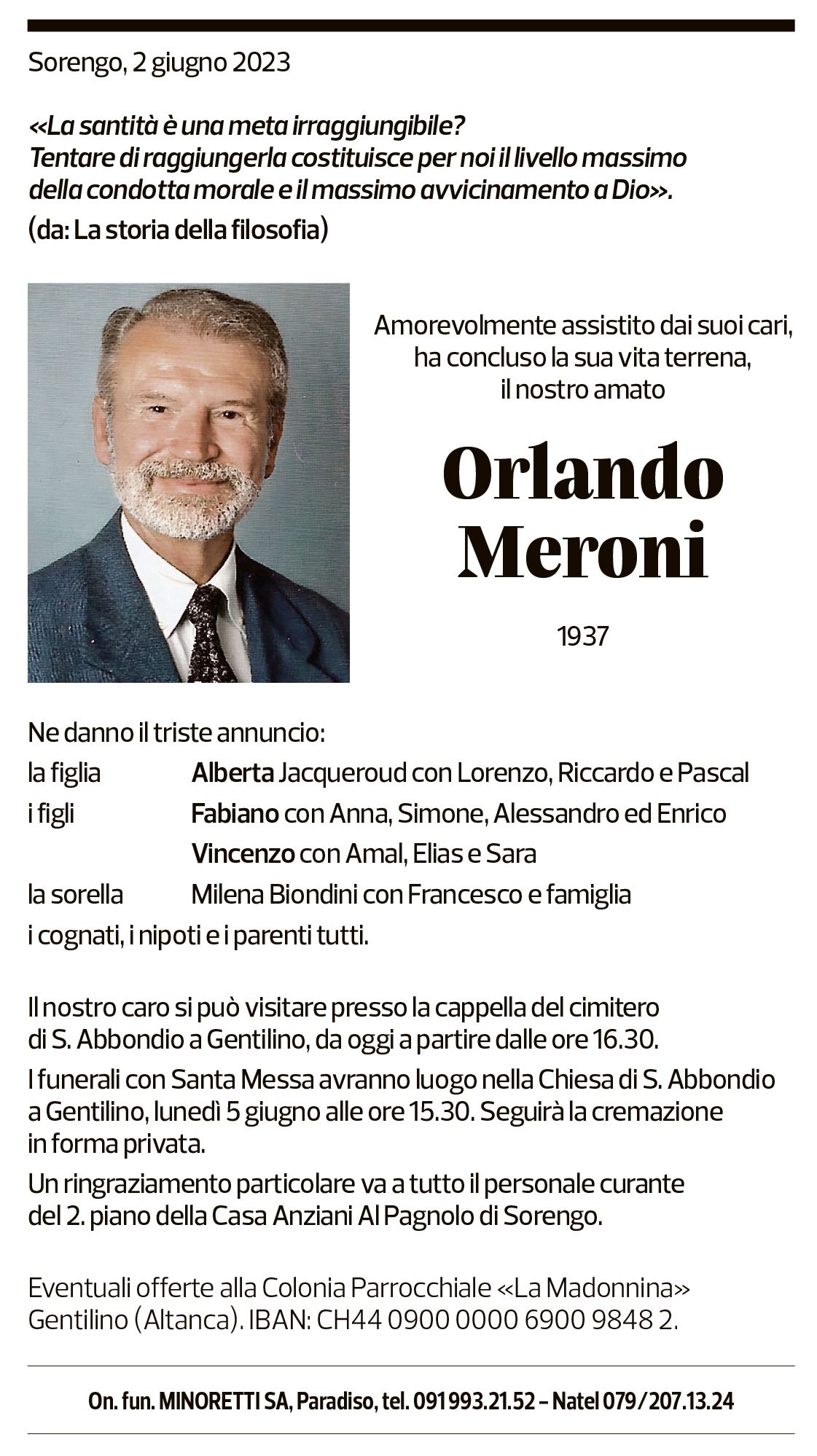 Annuncio funebre Orlando Meroni