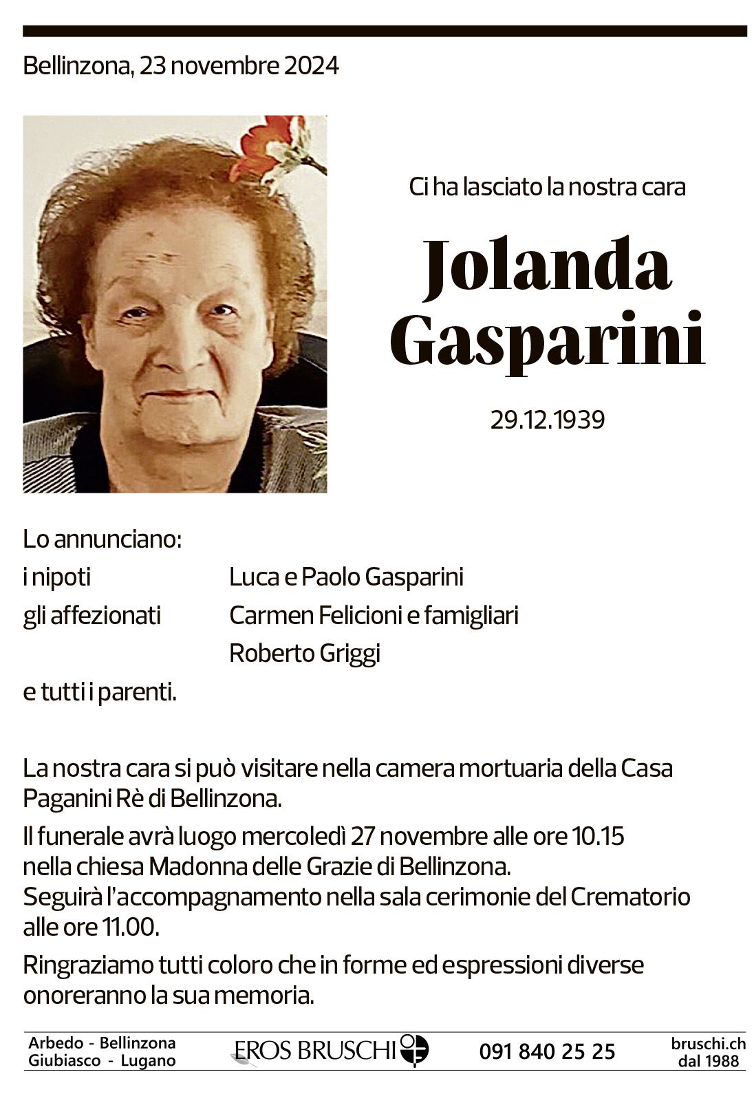 Annuncio funebre Jolanda Gasparini